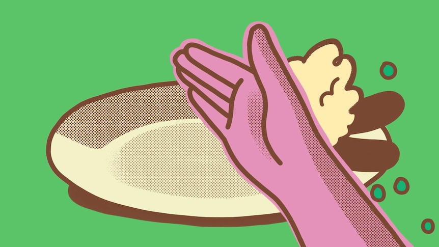 An illustration of a hand wiping sausages, mash and peas from a plate, the action of an adult picky eater.