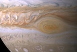 The swirling Great Red Spot of Jupiter, seen as a large grey-brown dot on the planet