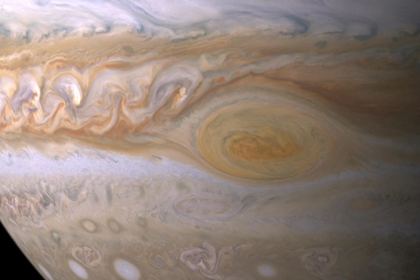The swirling Great Red Spot of Jupiter, seen as a large grey-brown dot on the planet