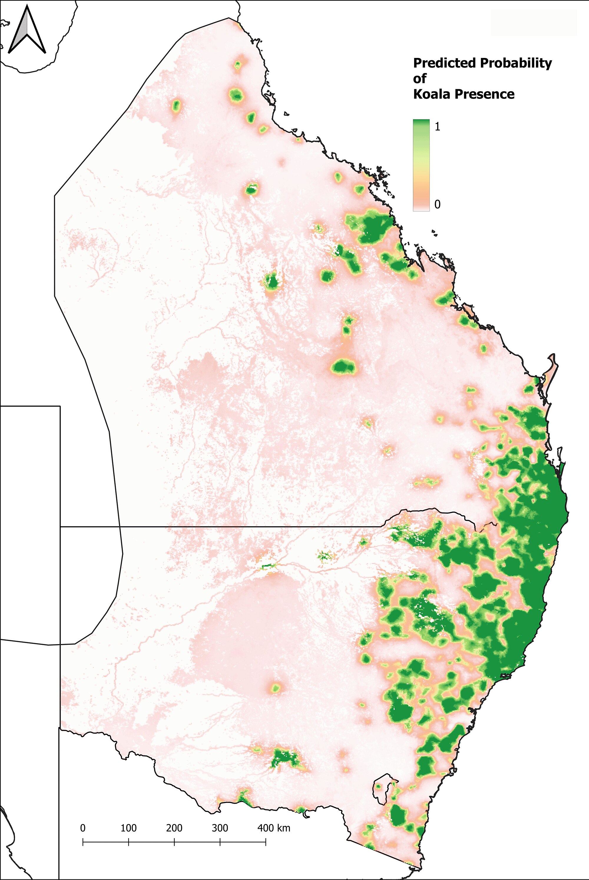 A map which shows the predicted probability of where koalas are located of Queensland and NSW.