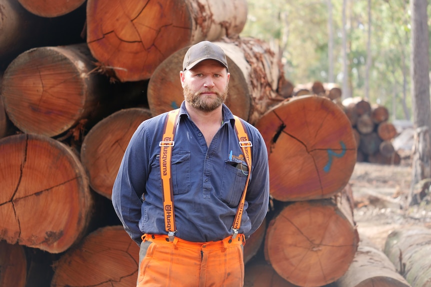 A bearded man wearing high-vis work gear stands in front of a pile of timber.