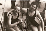 A photo in sepia - Paralympic swimmer Elizabeth Edmonson and friend sit together.