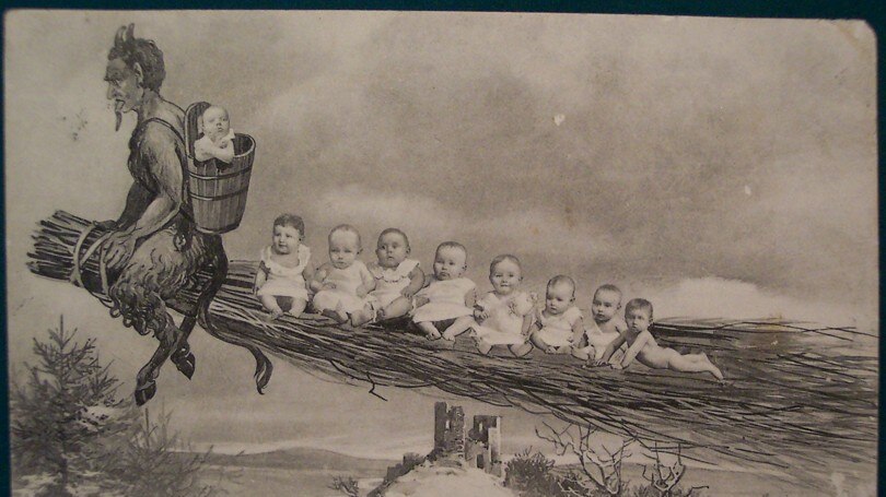 A photo collage from the late 19th Century showing the Krampus stealing some babies.