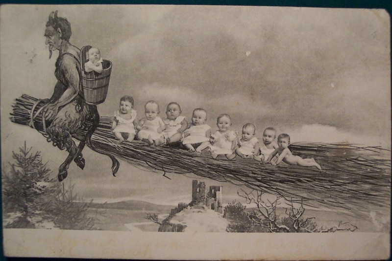 A photo collage from the late 19th Century showing the Krampus stealing some babies.