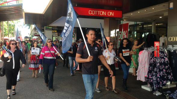 Unionists in Darwin take part in a series of protests around Australia against the forced closure of Aboriginal communities