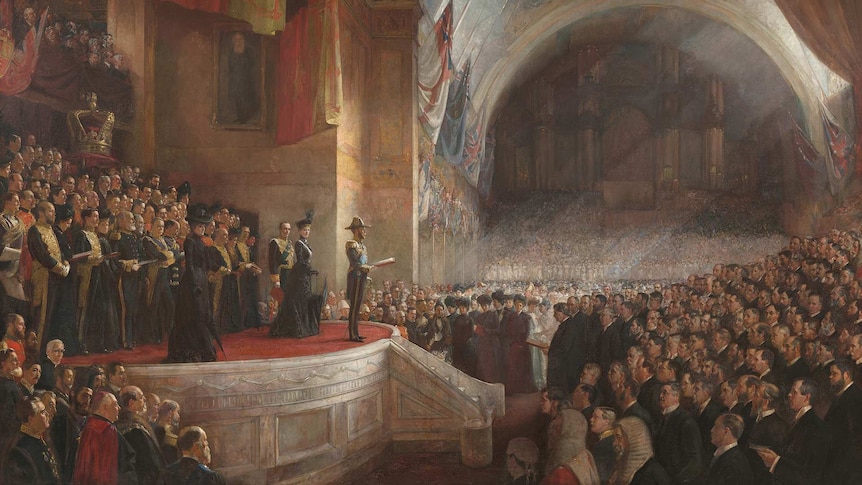 A painting of a large hall with hundreds of dignitaries inside attending the important event.
