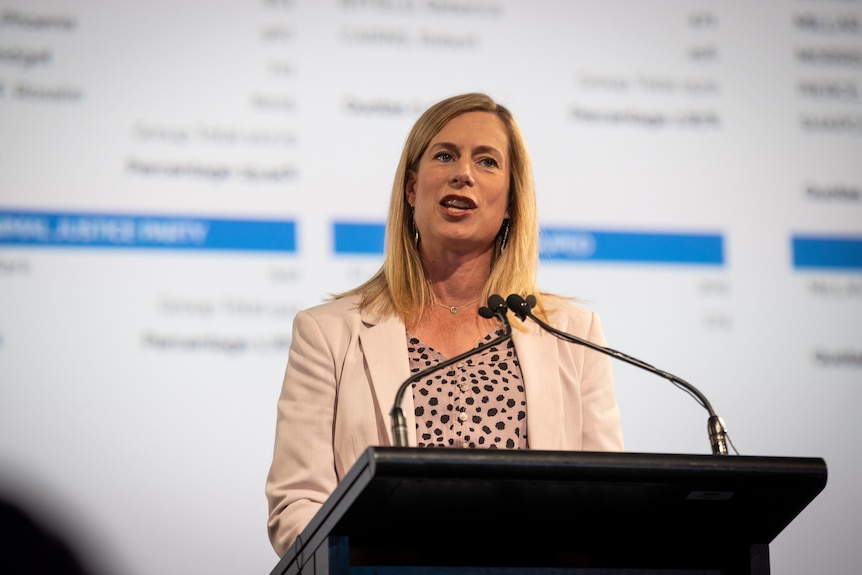 Rebecca White speaking in the Grand Chancellor Hotel on election night.