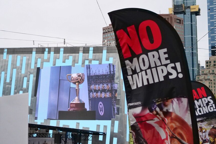 A flag that says No More Whips held by protesters lining the cup carnival parade route at Federation Square.