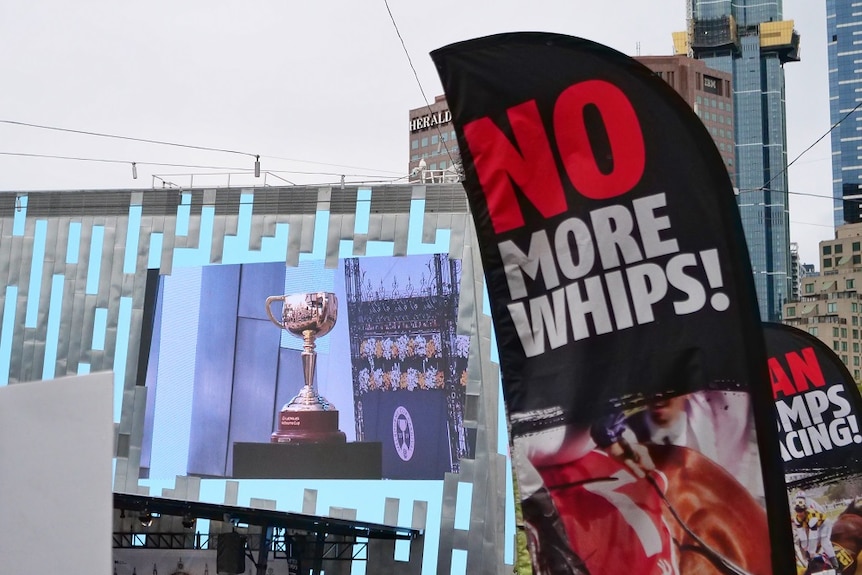 A flag that says No More Whips held by protesters lining the cup carnival parade route at Federation Square.