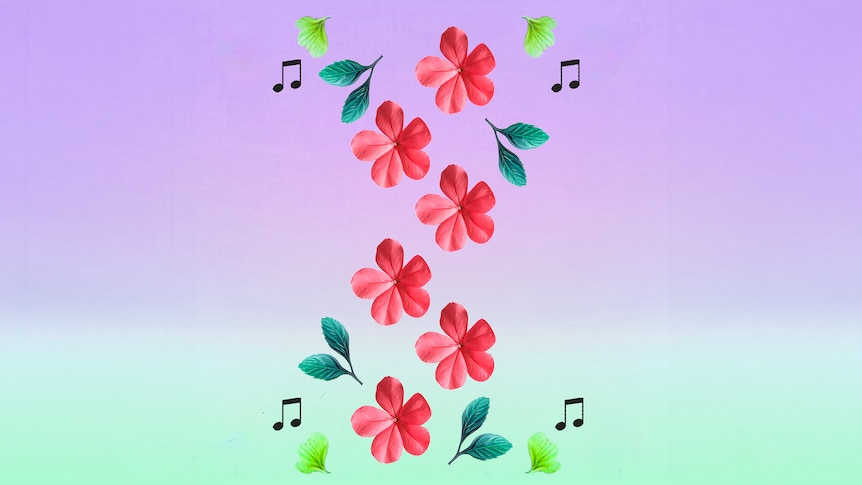 Pink flowers and green leaves on a purple and green background.