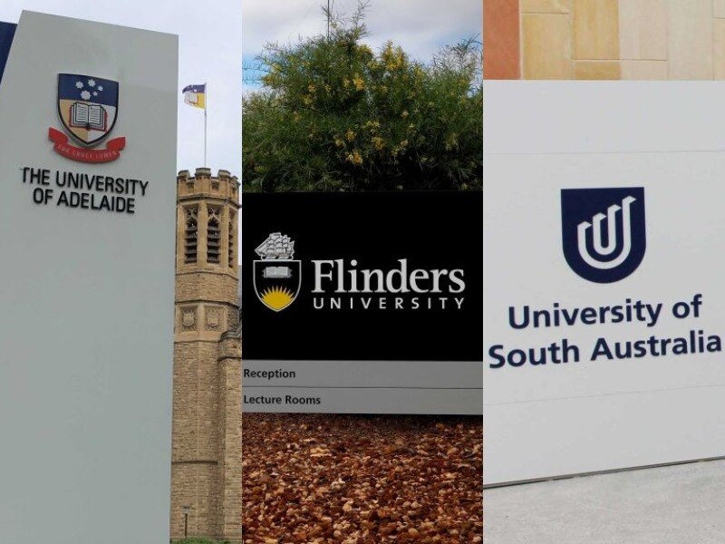 Signs showing the name and logo of the University of Adelaide, Flinders University and UniSA