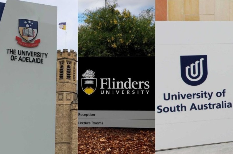 Signs showing the name and logo of the University of Adelaide, Flinders University and UniSA