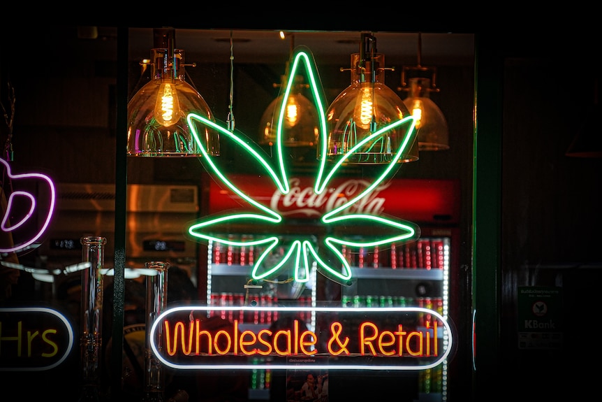 A neon sign shaped in the words Wholesale & Retail and a cannabis flower outside a shop window