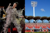 Man in sparkly costume singing, composite image with football stadium.