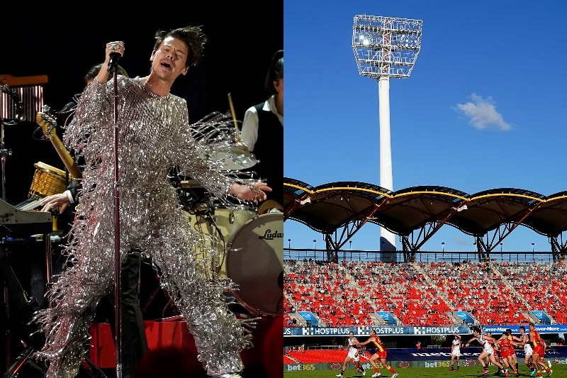 man in sparkly costume singing, composite image with football stadium