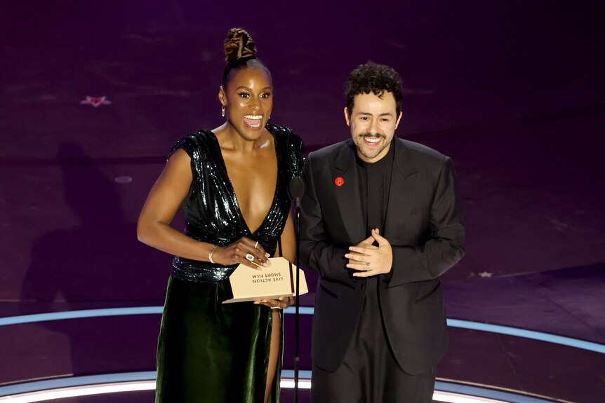 Ramy Youssef and Issa Rae presenting at this year's Academy Awards.