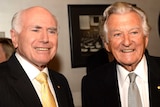 Former prime ministers LtoR John Howard and Bob Hawke at the National Press Club in Canberra.