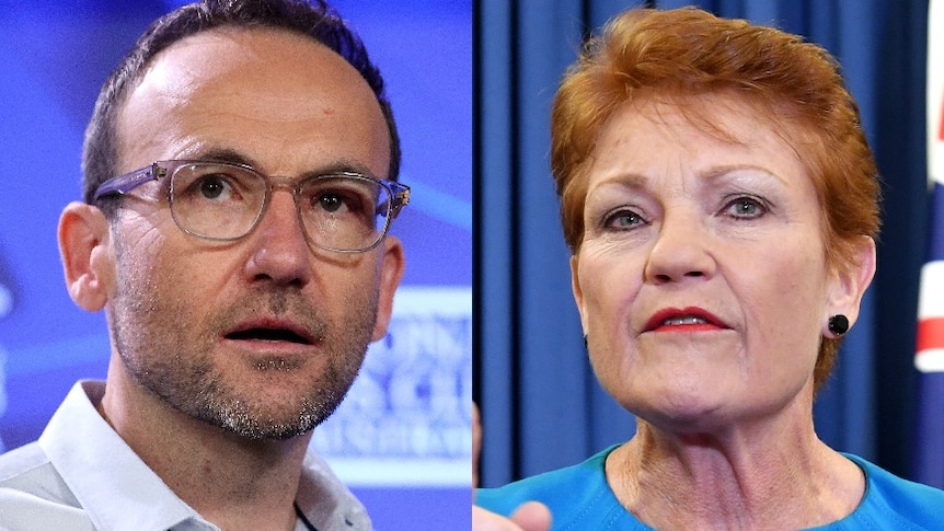 A composite image of Adam Bandt on the left and Pauline Hanson on the right.