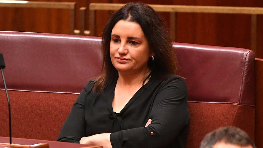 Tasmanian Senator Jacqui Lambie sitting with her arms folded in the Senate chamber.