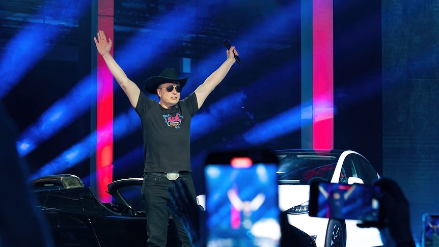 Elon Musk in a black cowboy hat stands on stage with arms raised