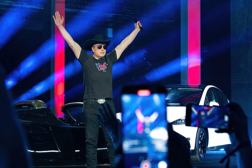 Elon Musk in a black cowboy hat stands on stage with arms raised