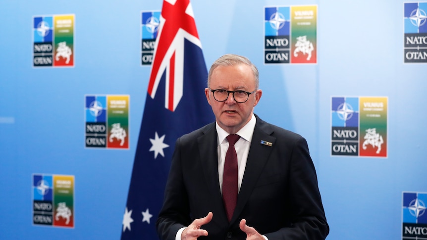 Australian Prime Minister Anthony Albanese speaks prior to a meeting with NATO Secretary General Jens Stoltenberg
