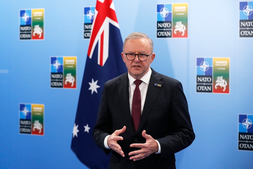 Australian Prime Minister Anthony Albanese speaks prior to a meeting with NATO Secretary General Jens Stoltenberg