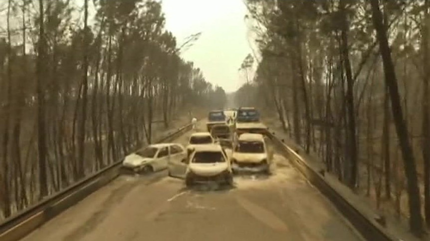 Drone footage shows burnt-out cars littering Portugese roads