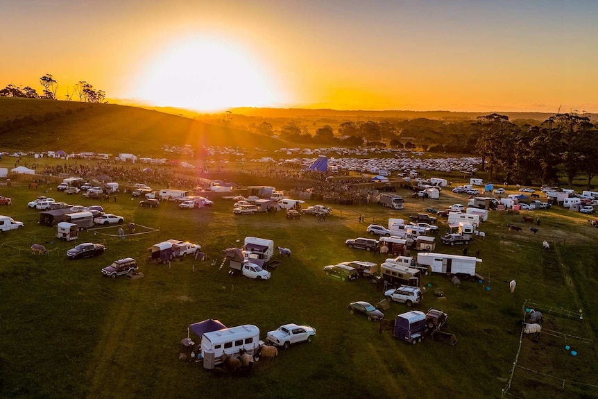 Aerial view of Smithton Rodeo at dusk.