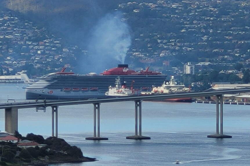 Virgin cruise ship docked in Hobart emitting fumes