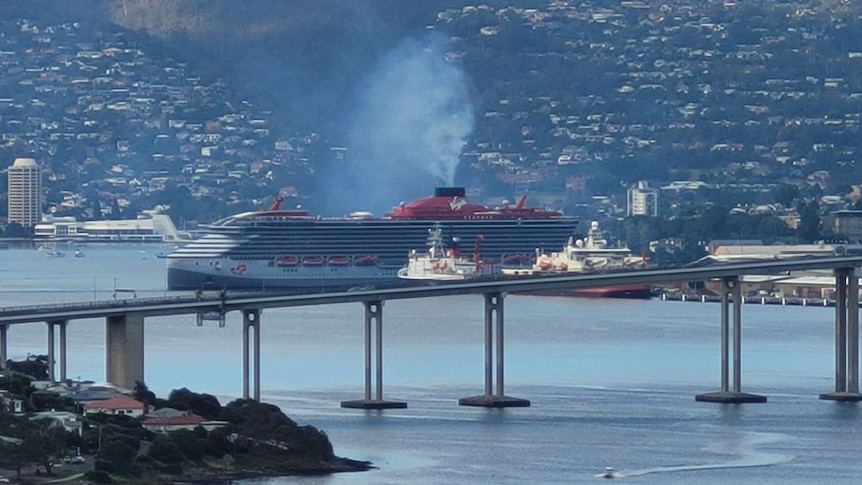 Virgin cruise ship docked in Hobart emitting fumes