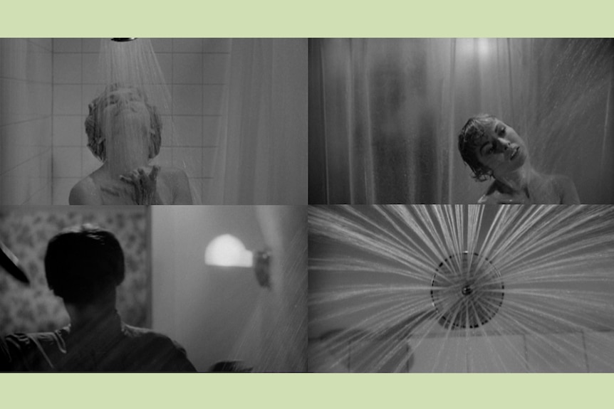Four shots from the film Psycho, showing Janet Leigh in a shower, a figure holding a knife, and a shower head up close