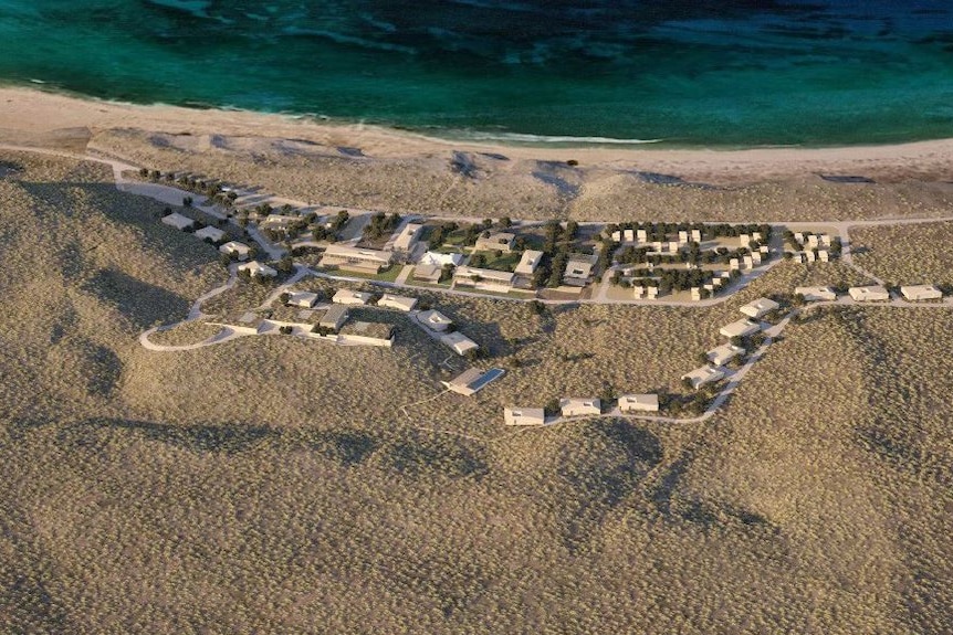 An artist's impression showing an aerial view of a beachside ecotourism resort opposite Ningaloo Reef.