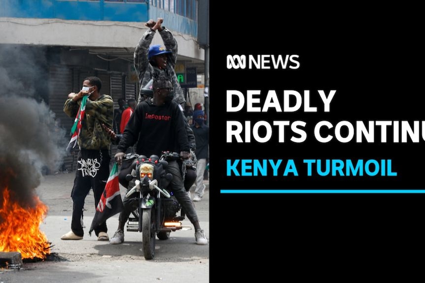 Deadly Riots Continue, Kenya Turmoikl: Three men next a fire burning in the street. Two are on a motorcycle, one of whom stands