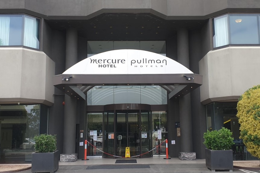 The entrance to the Pullman hotel at Albert Park, which is fenced with hazard tape.