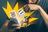 A man looks at a phone. Illustrations of a playing card, race horse and dice come out of the screen. 