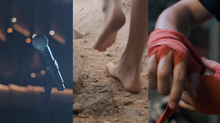 Composite of three images; a microphone on stage, feet walking on beach, fist being wrapped for boxing.