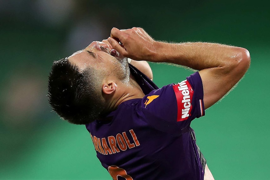 A head and shoulders shot of Perth Glory player Bruno Fornaroli looking up with his hands towards his head in despair.
