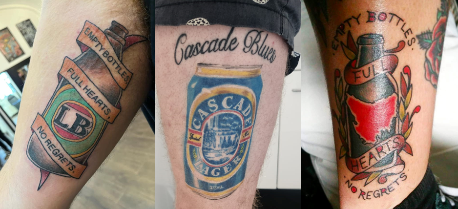 Three tattoos all of alcohol vessels with text from lyrics 