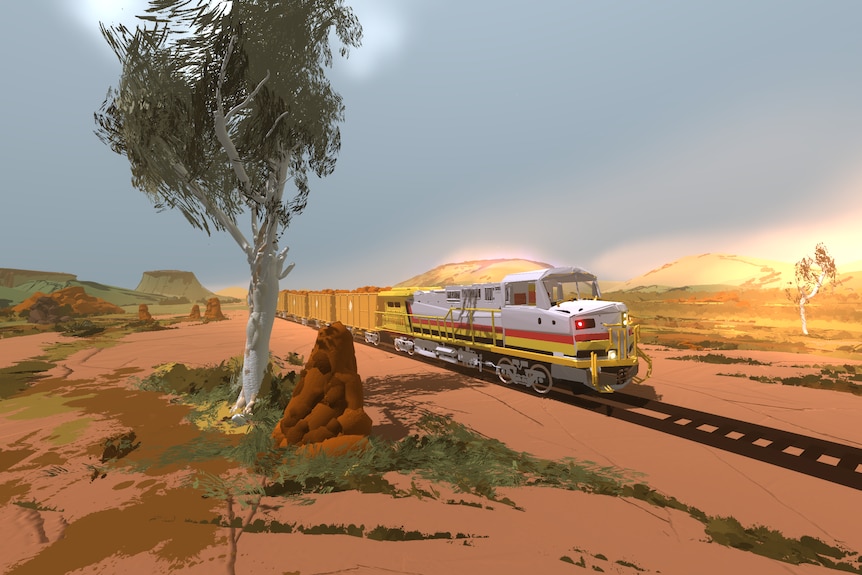 Virtual reality simulation of a mining train in the Pilbara.
