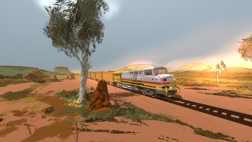 Virtual reality simulation of a mining train in the Pilbara.
