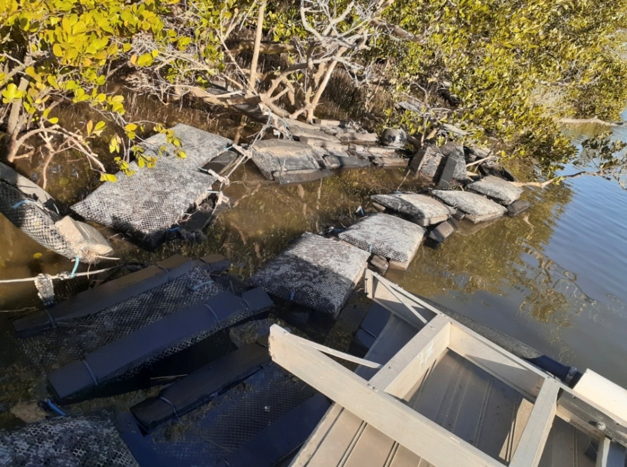 Conchas de plástico y escombros aparecieron en la orilla del río.