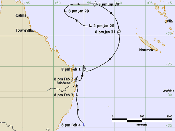 Map of Queensland with the path of a cyclone shown to go very close but not cross the coast.