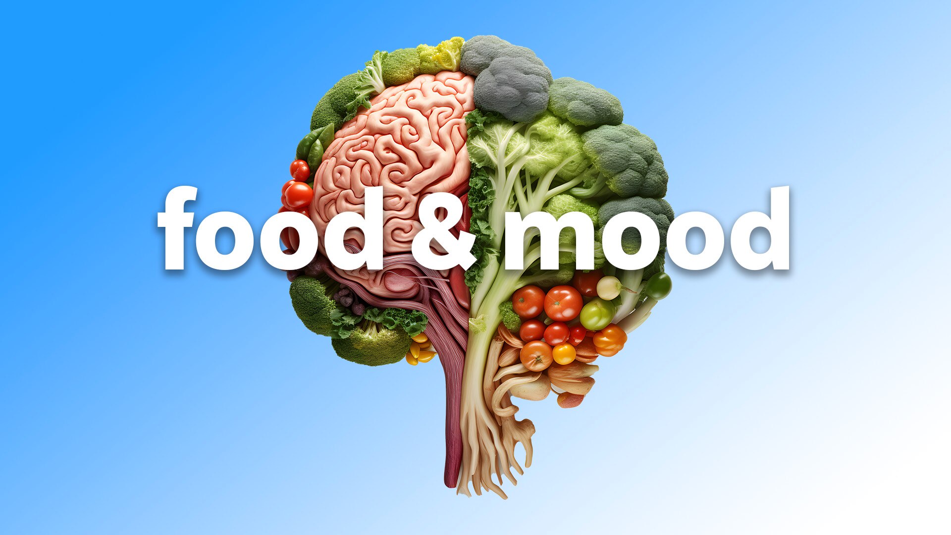 An isolated 3D object that is half brain and half broccoli, tomatoes and other vegetables. 