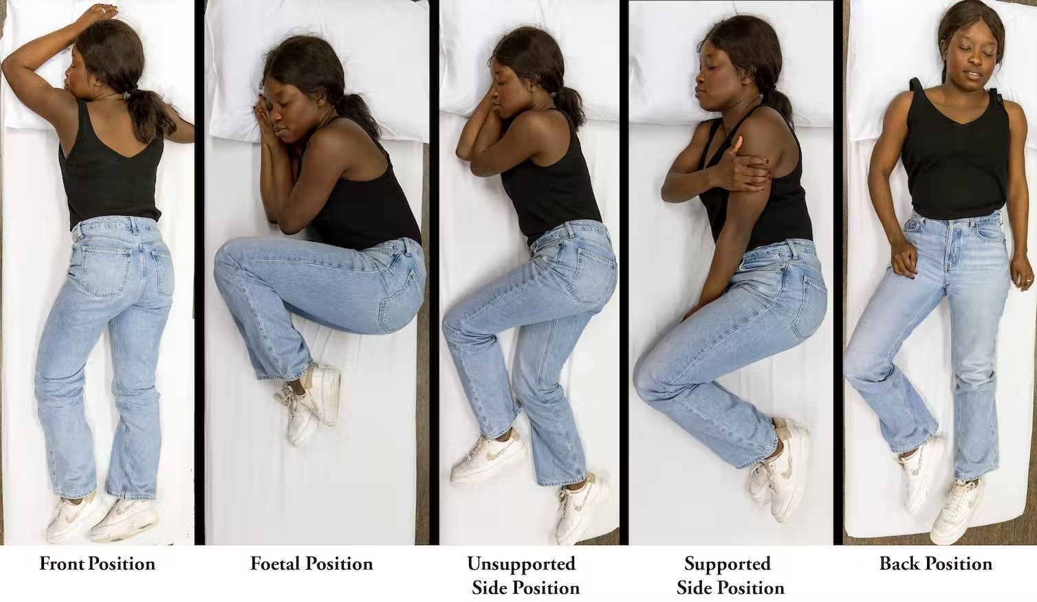 Five side by side photos show a young woman in a black singlet and jeans, captured from above, in different sleeping positions