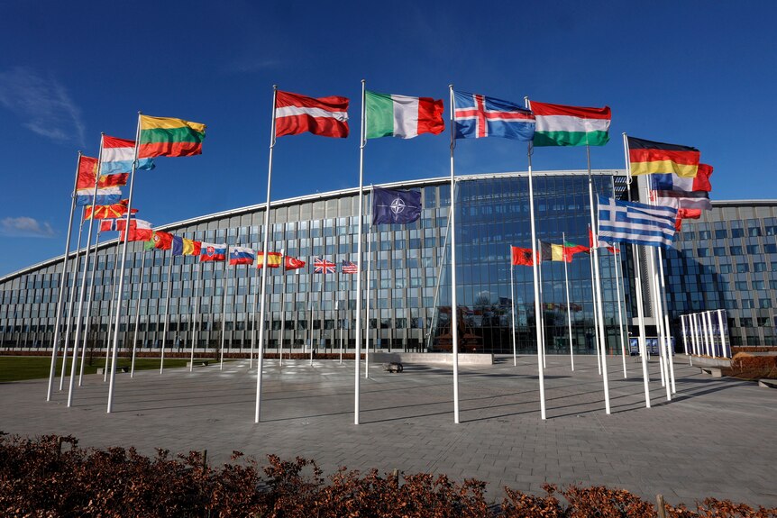 The flags of the NATO member countries fly outside the NATO headquarters.
