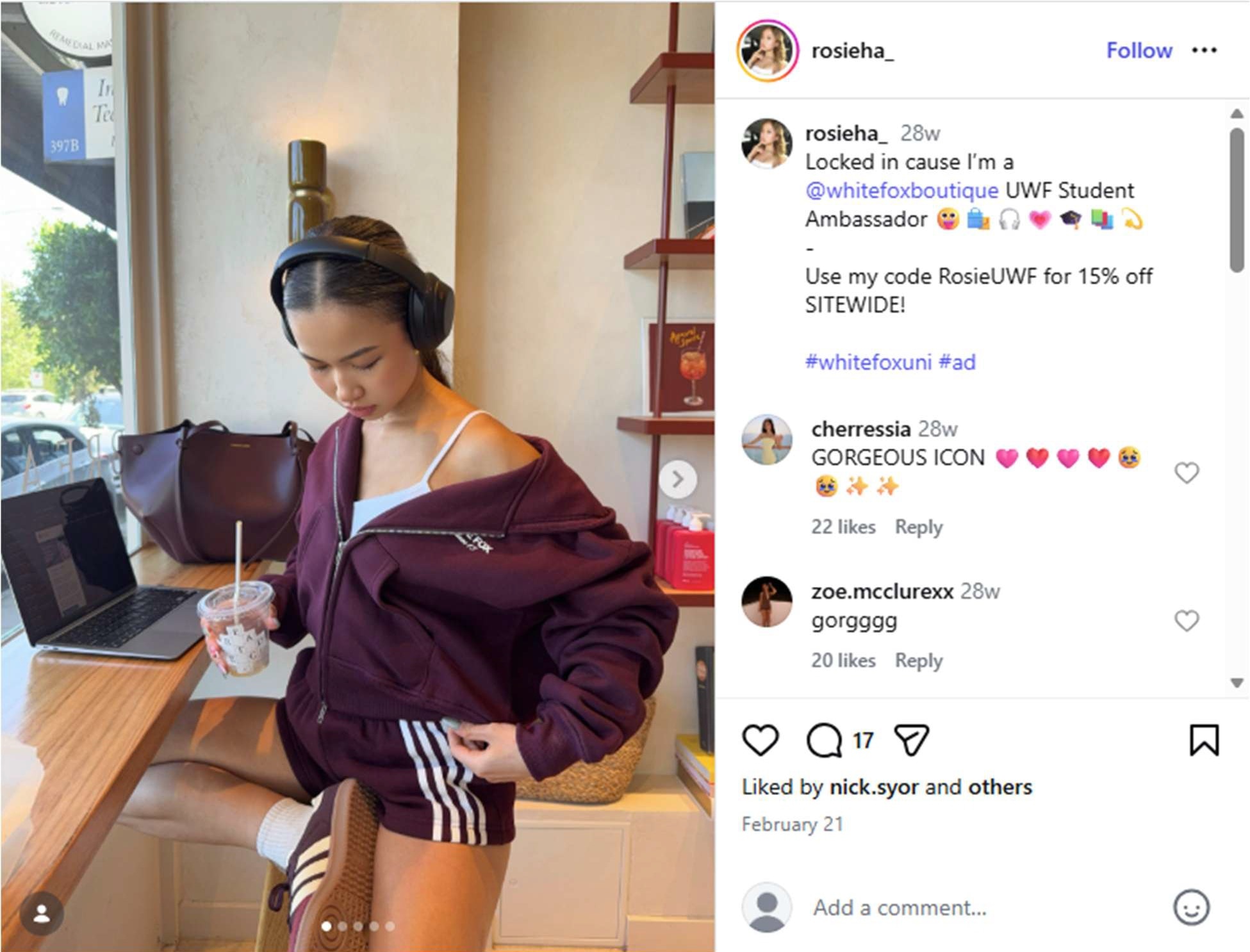 A post on instagram with a girl wearing shorts with four stripes and shoes with three stripes.