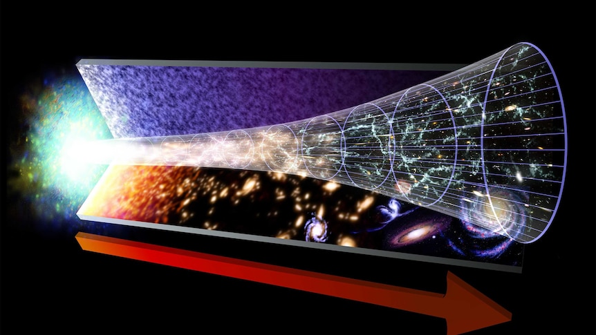 This image represents the evolution of the Universe, starting with the Big Bang. The red arrow marks the flow of time.