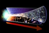 This image represents the evolution of the Universe, starting with the Big Bang. The red arrow marks the flow of time.