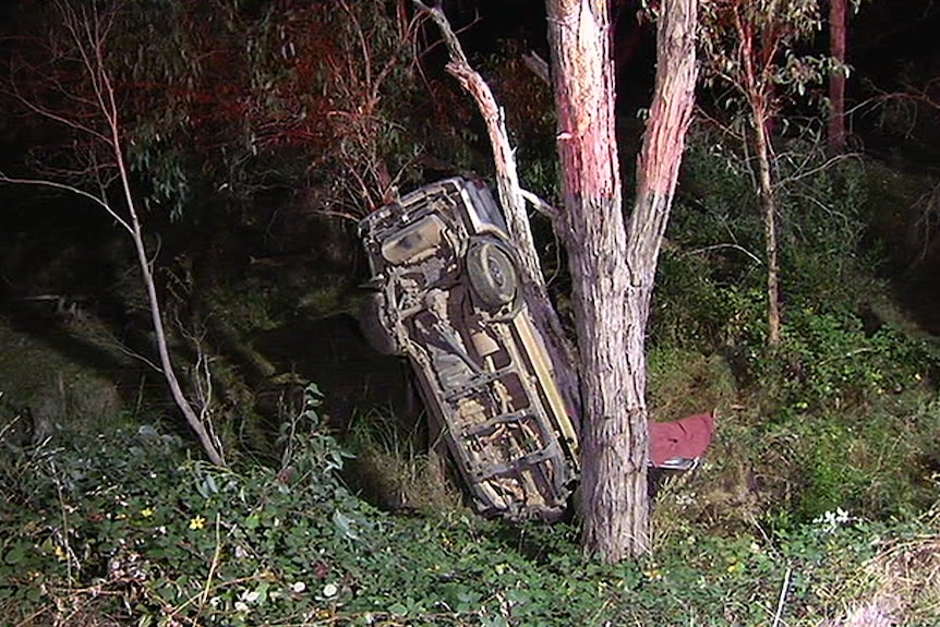 A car flipped and standing on its nose lies against a tree, following a fatal car crash at Dixons Creek.